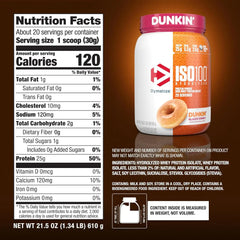 Dymatize ISO100 Protein Powder, 100% Whey Isolate, Dunkin' Glazed Donut | 25g Protein, Hydrolyzed, Fast-Absorbing, Supports Muscle Health, 5.5g BCAAs, Gluten-Free, 20 Servings, 1.3 lb