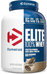 Dymatize Elite 100% Whey Protein Powder, Cookies & Cream, 25g of Protein, 5.5g BCAAs, Less Than 140 Cal., Gluten Free, 2g Carb, 2g Sugar, 3g Fat (63 Servings)