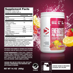 Dymatize Energyze Pre Workout Powder for Men and Women, Strawberry Lemonade, 150mg Caffeine, 5g BCAAs, Performance Blend of L-Theanine, L-Tyrosine, L-Citrulline, No Sugar (30 Servings)