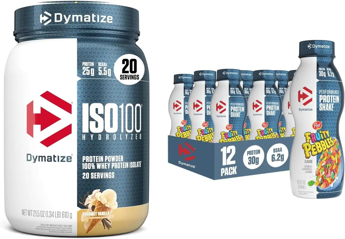 Bundle of Dymatize Performance Protein Shake, Fruity Pebbles (12 pack) + ISO100 Whey Protein Powder Isolate, Gourmet Vanilla (20 Servings)