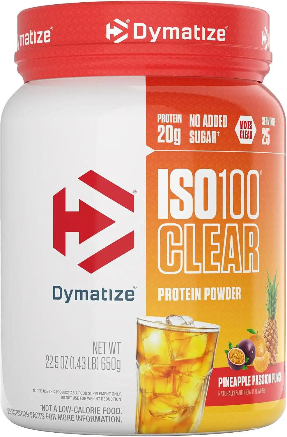 Dymatize ISO100 Clear Protein Powder, 100% Whey Isolate, Pineapple Passion | 20g Protein, Only 6 Ingredients, Supports Muscle Health, 4.9g BCAAs, Gluten-Free, 25 Servings, 1.4 lb