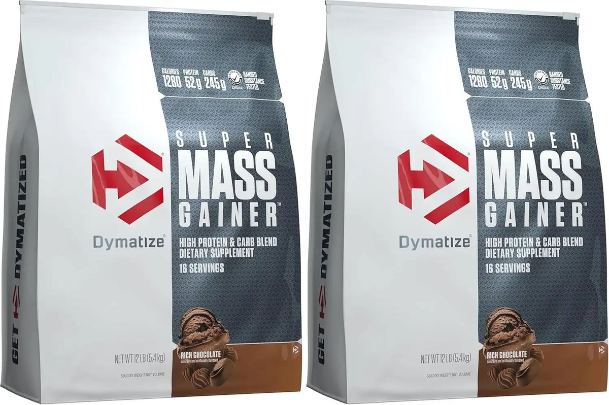 Dymatize Super Mass Gainer Protein Powder, Rich Chocolate, 52g Protein, 1g Creatine, 1280 Calories, 10.7g BCAAs, 245g Carbs, Contains Whey_Protein Powder, Isolate, and Casein (16 Servings) (Pack of 2)