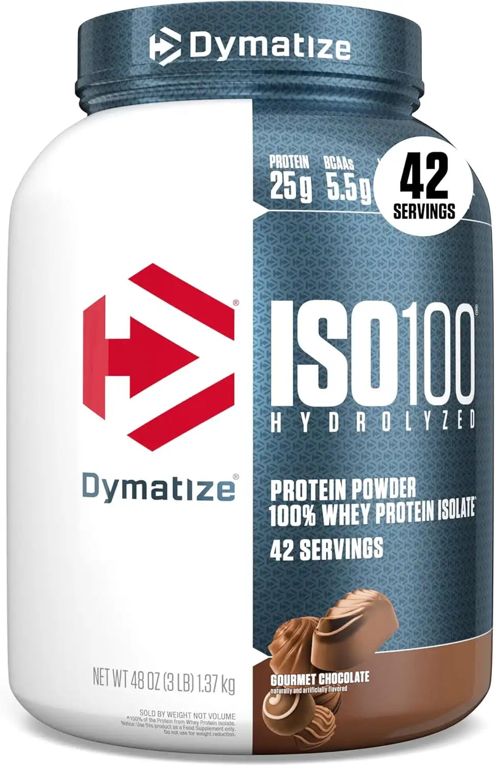 Dymatize ISO100 Protein Powder, 100% Whey Isolate, Gourmet Chocolate | 25g Protein, Hydrolyzed, Fast-Absorbing, Supports Muscle Health, 5.5g BCAAs, Gluten-Free, 42 Servings, 3 lb
