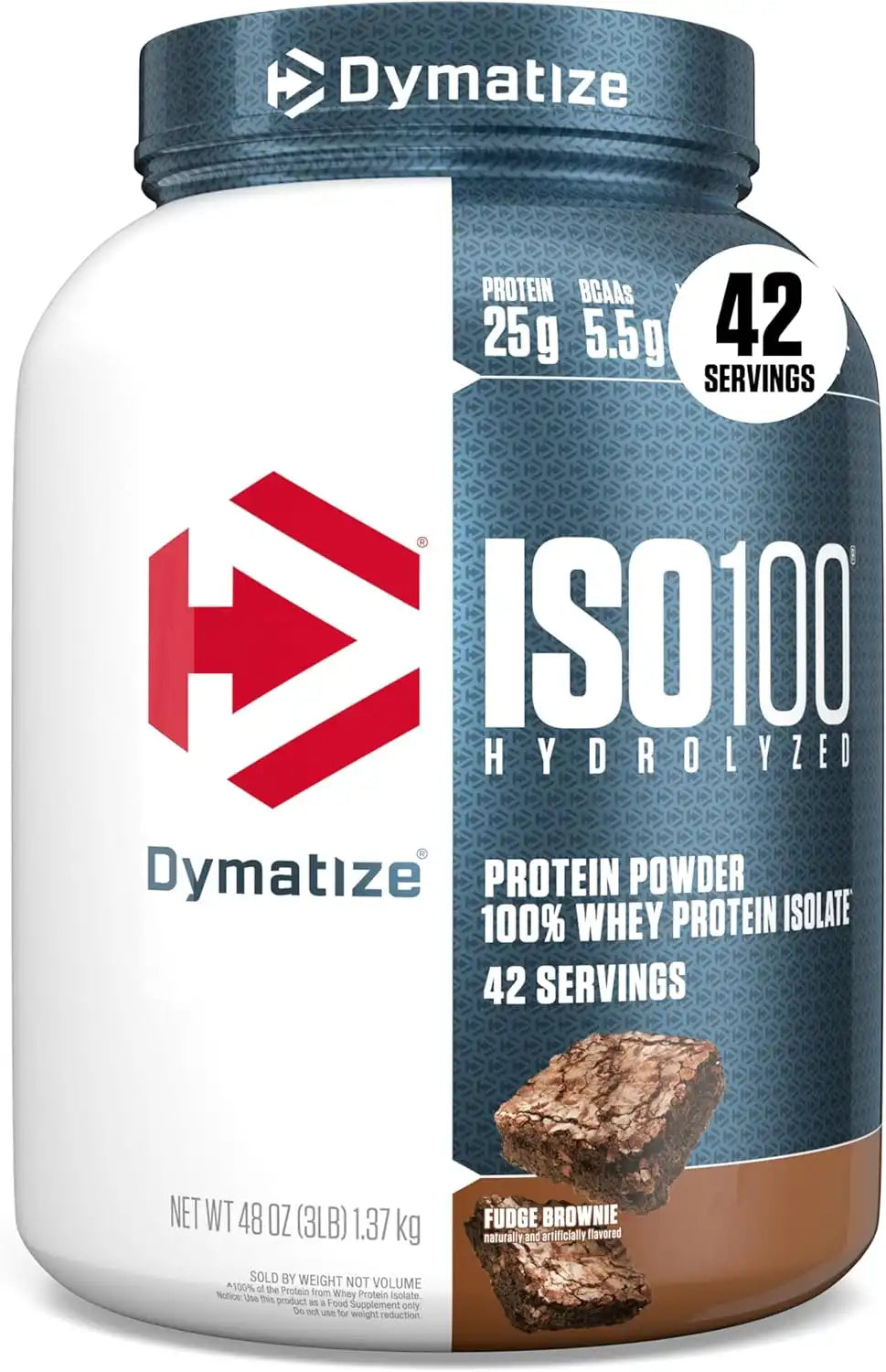 Dymatize ISO100 Protein Powder, 100% Whey Isolate, Fudge Brownie | 25g Protein, Hydrolyzed, Fast-Absorbing, Supports Muscle Health, 5.5g BCAAs, Gluten-Free, 42 Servings, 3 lb