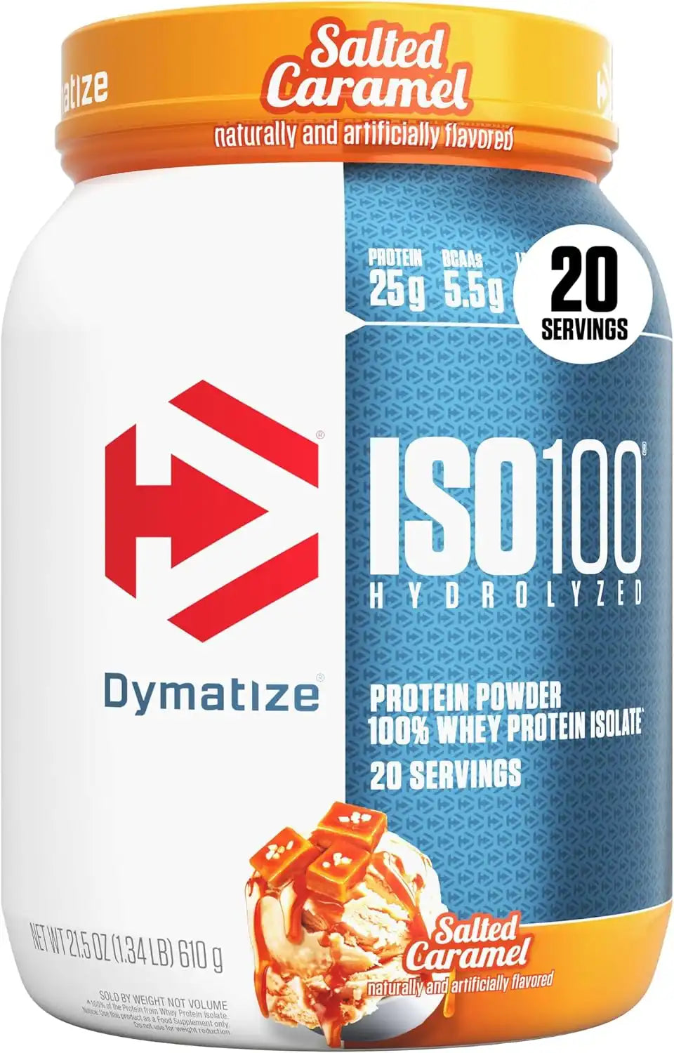 Dymatize ISO100 Protein Powder, 100% Whey Isolate, Salted Caramel | 25g Protein, Hydrolyzed, Fast-Absorbing, Supports Muscle Health, 5.5g BCAAs, Gluten-Free, 20 Servings, 1.3 lb