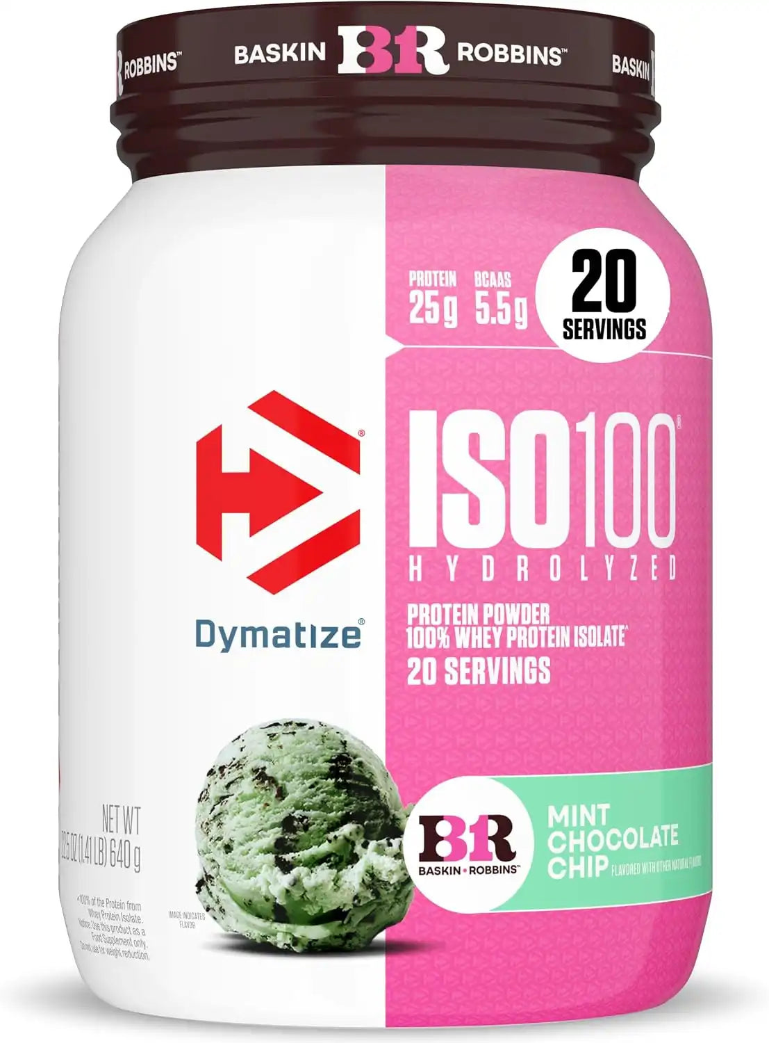 Dymatize ISO100 Protein Powder, 100% Whey Isolate, Mint Chocolate Chip | 25g Protein, Hydrolyzed, Fast-Absorbing, Supports Muscle Health, 5.5g BCAAs, Gluten-Free, 20 Servings, 1.4 lb