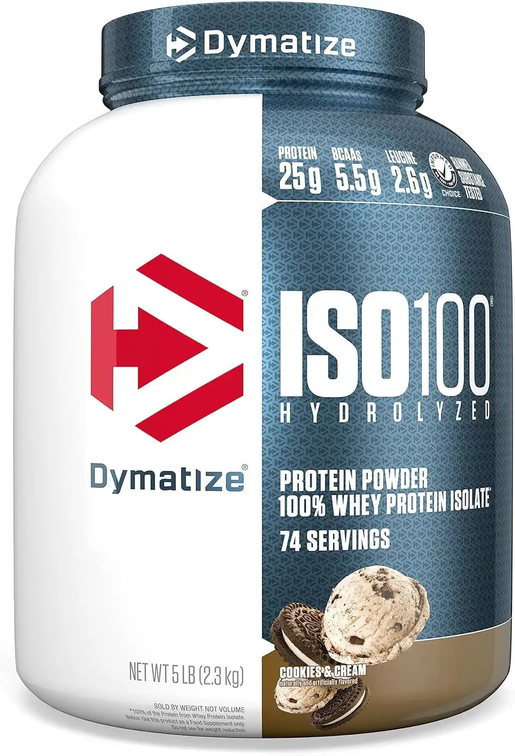 Dymatize ISO100 Protein Powder, 100% Whey Isolate, Cookies & Cream | 25g Protein, Hydrolyzed, Fast-Absorbing, Supports Muscle Health, 5.5g BCAAs, Gluten-Free, 74 Servings, 5 lb