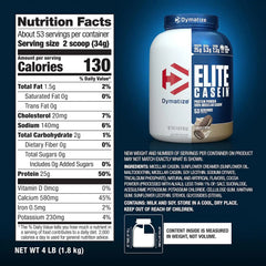 Dymatize Elite Casein Protein Powder, Cookies & Cream, 100% Micellar Casein, 25g Protein, 5.4g BCAAs, 2.3g Leucine, Slow Absorbing for Overnight Muscle Recovery, 4 lb (53 Servings)