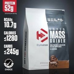 Dymatize Super Mass Gainer Protein Powder, Rich Chocolate, 52g Protein, 1g Creatine, 1280 Calories, 10.7g BCAAs, 245g Carbs, Contains Whey Protein Powder, Isolate, and Casein (16 Servings)